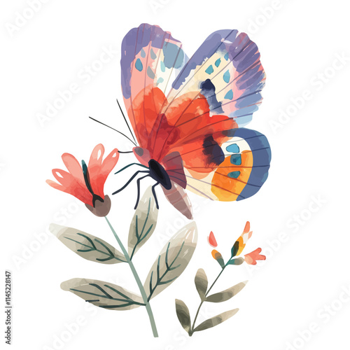 A watercolor painting of a butterfly fluttering near a flower, isolated on a white background. Butterfly vector.
