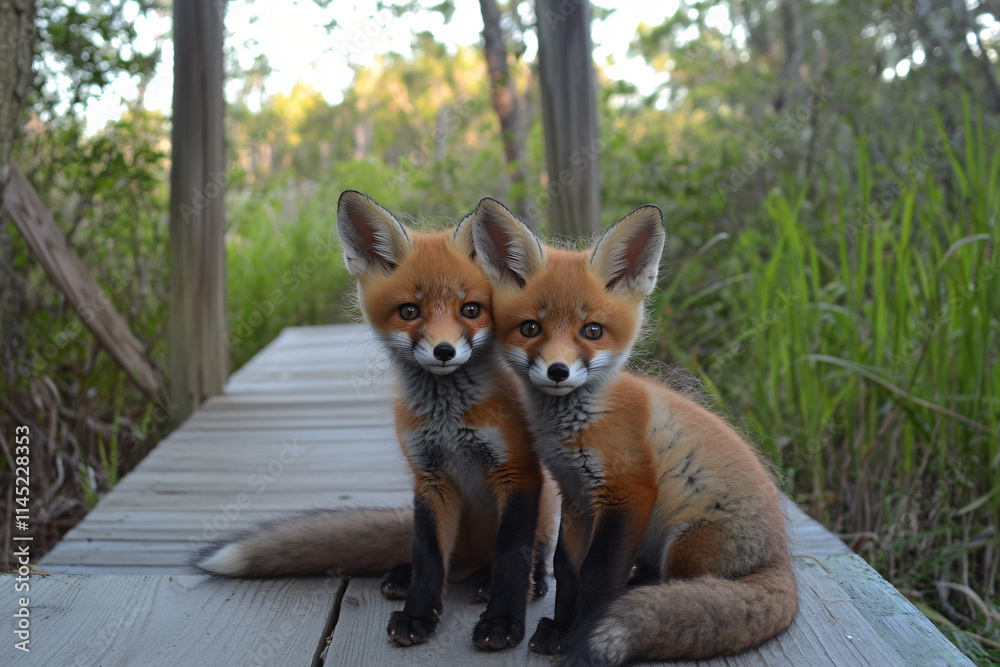 Fototapeta premium Adorable Fox Cubs Sitting on a Wooden Boardwalk – Wildlife Photography