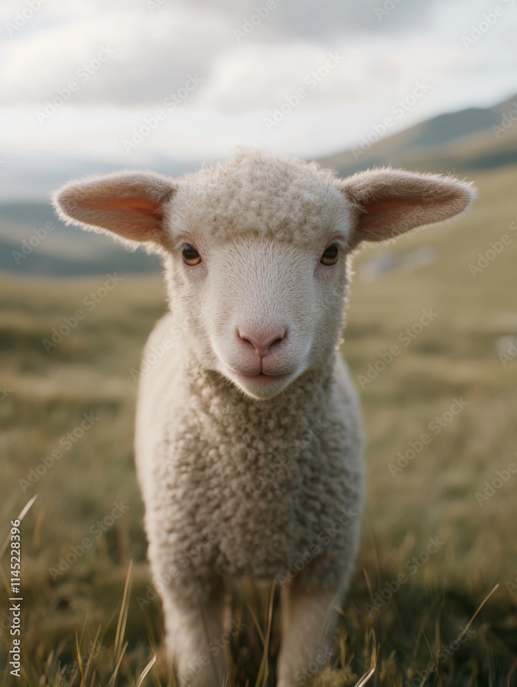 A fluffy white lamb stands gracefully in a lush green pasture, surrounded by gentle hills under a cloudy sky. Its inquisitive gaze captures the essence of spring and Easter joy, symbolizing renewal A fluffy white lamb stands gracefully in a lush green pasture, surrounded by gentle hills under a cloudy sky. Its inquisitive gaze captures the essence of spring and Easter joy, symbolizing renewal