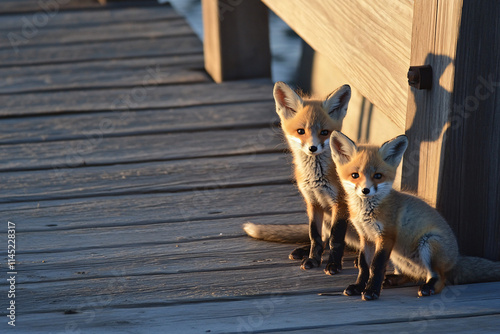 Adorable Fox Cubs Sitting on a Wooden Boardwalk – Wildlife Photography photo