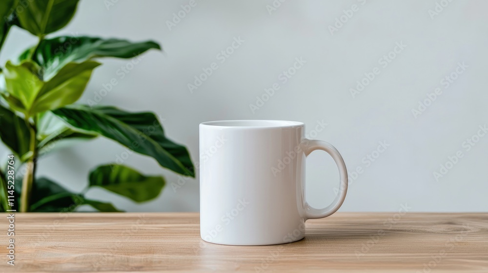 White mug on wooden table with plant. White mug on wooden table with plant.