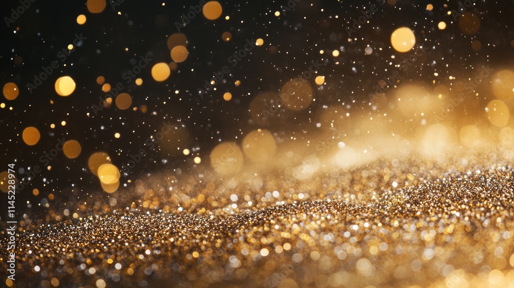 Obraz premium Shimmering Gold Particles Dancing in the Light Over Dark Background