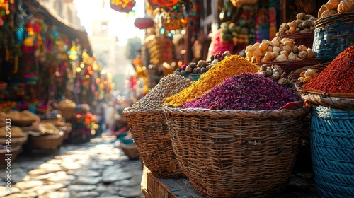 Colorful spices and herbs in wicker baskets at vibrant outdoor market street atmosphere. Ideal for cultural travel content, capturing rich textures and vivid colors of traditional spice markets.