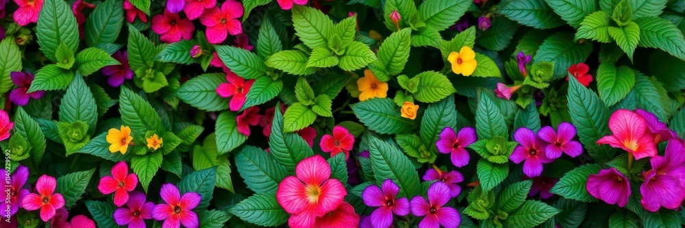 Obraz premium Vibrant purple flower petals and lush green leaves in a close-up shot, petals, leaves