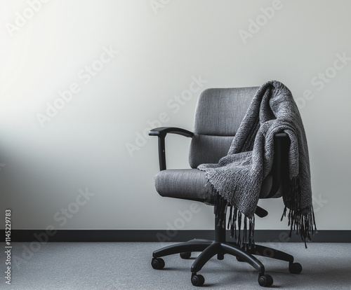 Empty office chair with blanket conveying feeling of loneliness with copy space