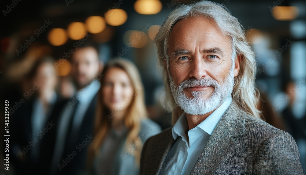 Senior man stands proudly among a diverse group at an evening networking event Senior man stands proudly among a diverse group at an evening networking event