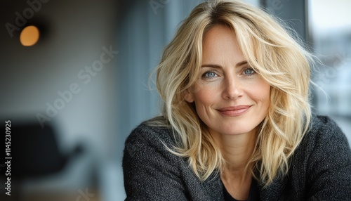 Woman with wavy blonde hair smiles warmly while sitting in a modern indoor setting