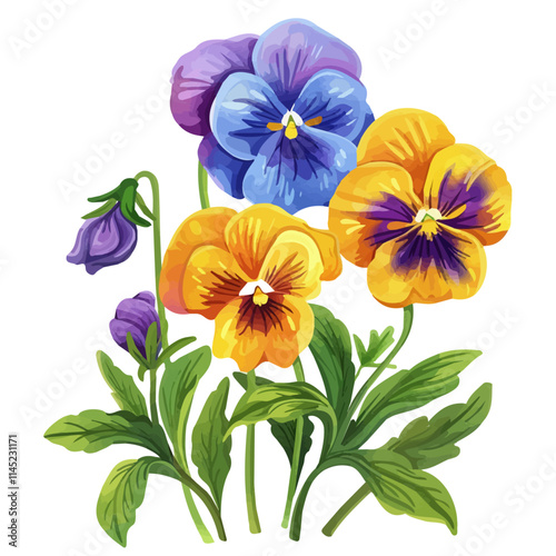 A watercolor of colorful pansy flowers in a garden, isolated on a white background. Pansy vector.

