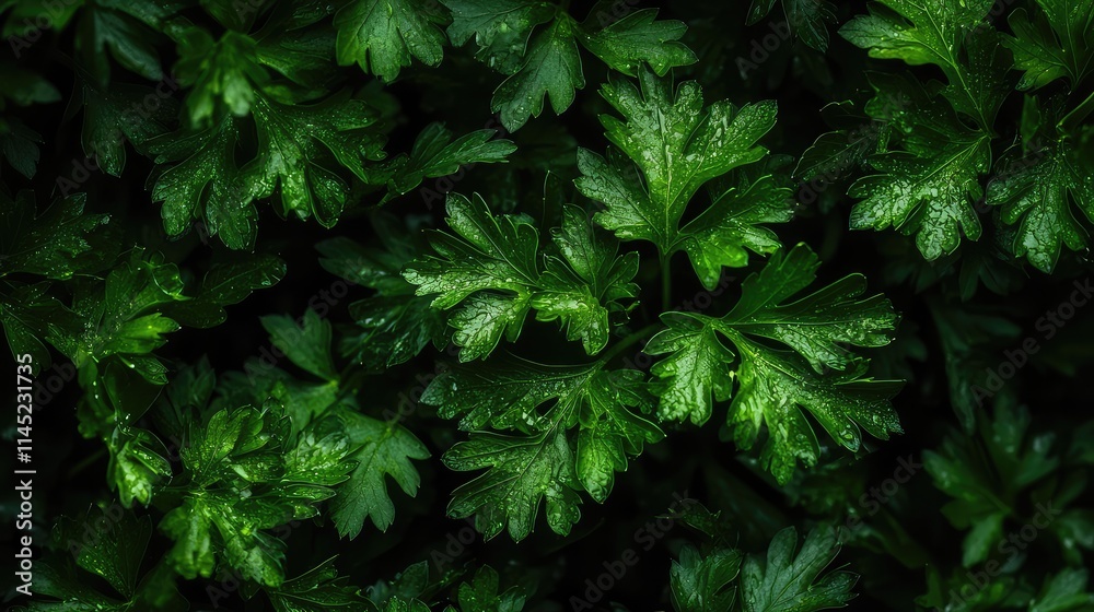 Fresh Green Parsley Leaves Close-Up on Dark Background Fresh Green Parsley Leaves Close-Up on Dark Background