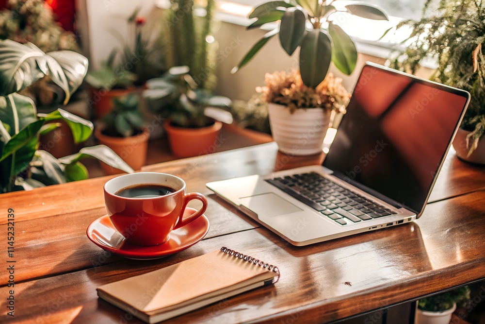 A work desk with a laptop, a mug of coffee, a notebook, a phone, and plants. A work desk with a laptop, a mug of coffee, a notebook, a phone, and plants.