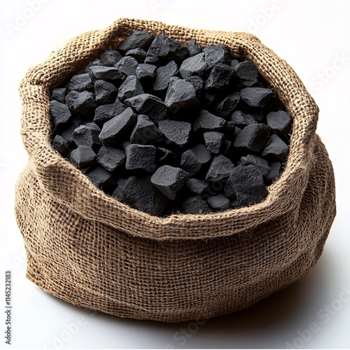 A burlap sack filled with black coal pieces on a clean white background, symbolizing traditional energy resources or rustic industrial themes