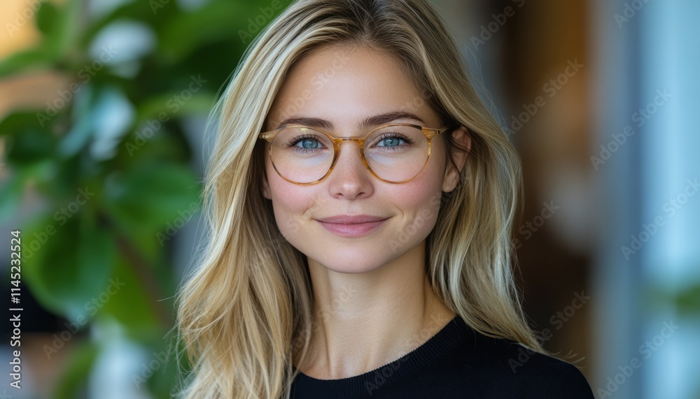 Young woman with glasses showing a warm smile, surrounded by greenery indoors