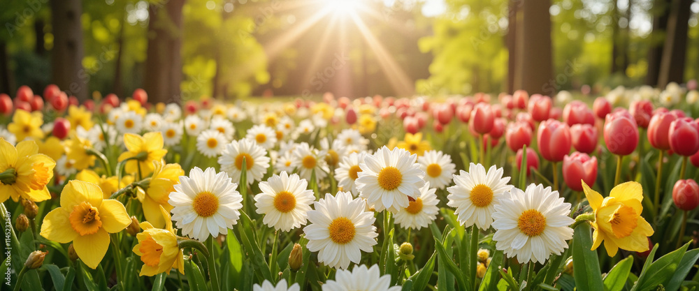 Obraz premium Colorful spring flowers blooming in sunlit garden