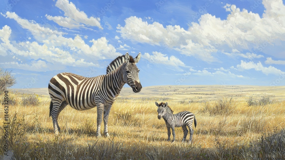 Naklejka premium Zebra mother and foal on the savannah