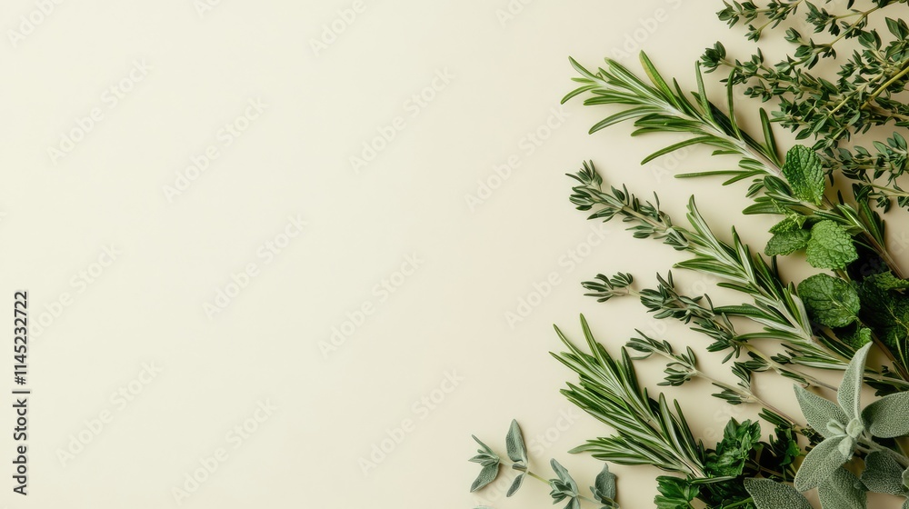 Fresh Green Herbs Arrangement on Neutral Background for Cooking Fresh Green Herbs Arrangement on Neutral Background for Cooking