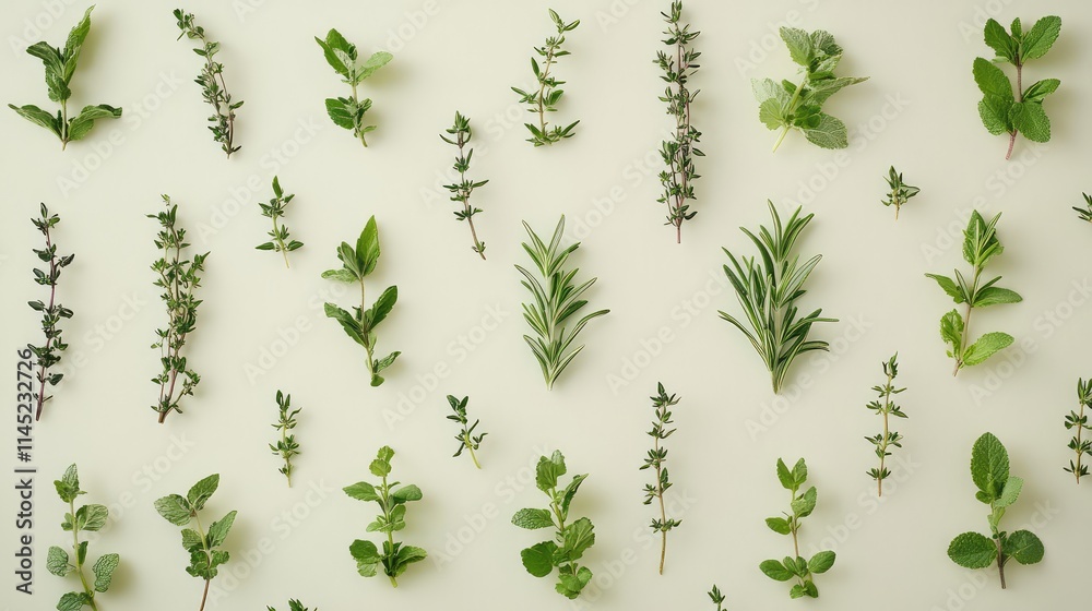 Freshly Cut Herbs Arranged on Soft Green Background for Cooking Freshly Cut Herbs Arranged on Soft Green Background for Cooking