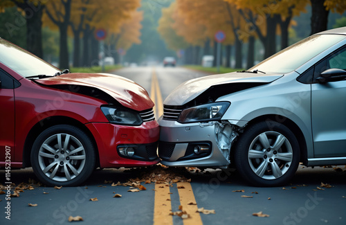 Two cars collided head-on on city street. Cars damaged, hoods open. Traffic violation likely happened during rainy wet weather. Road yellow lines. Fallen leaves on road indicate autumn season. photo