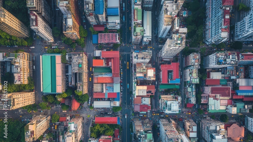 Obraz premium Aerial View of Urban City Intersection Surrounded by Buildings