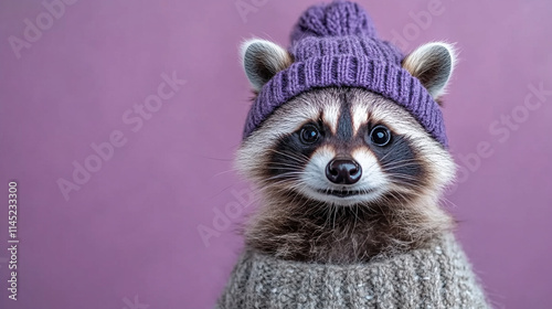 realistic photo 8k of a raccoon in winter clothes and hat on the plain purple background