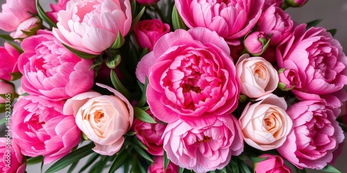 Fototapeta Naklejka Na Ścianę i Meble -  A stunning arrangement of fresh pink peonies and roses with ample copy space, peonies, copy space, arrangement