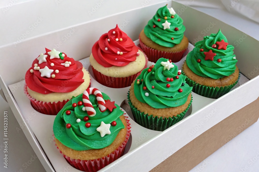 Set of Christmas cupcakes decorated with sprinkles and sweets in box. bakery muffins for New Year. top view Set of Christmas cupcakes decorated with sprinkles and sweets in box. bakery muffins for New Year. top view