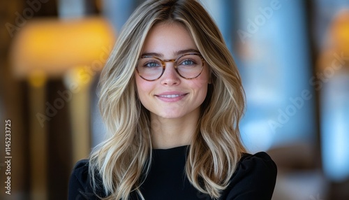 A young woman with long hair and glasses, smiling happily in a stylish indoor space