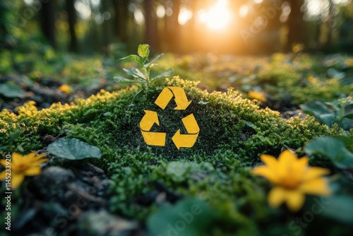 A bold recycling icon placed on lush green grass with a forest backdrop. A visual representation of sustainability and nature preservation. Perfect for eco-themed campaigns and green initiatives. photo