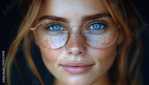 Bright blue eyes and freckles stand out as the young woman smiles, showcasing her style