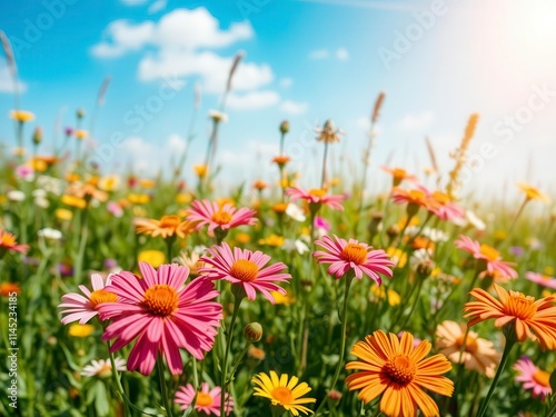 Vibrant daffodil flowers bloom in a sprawling field of green grass under a clear blue sky, tranquil, spring