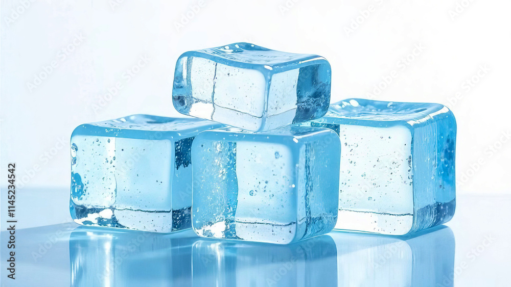 Four clear ice cubes on reflective surface with soft blue background Four clear ice cubes on reflective surface with soft blue background