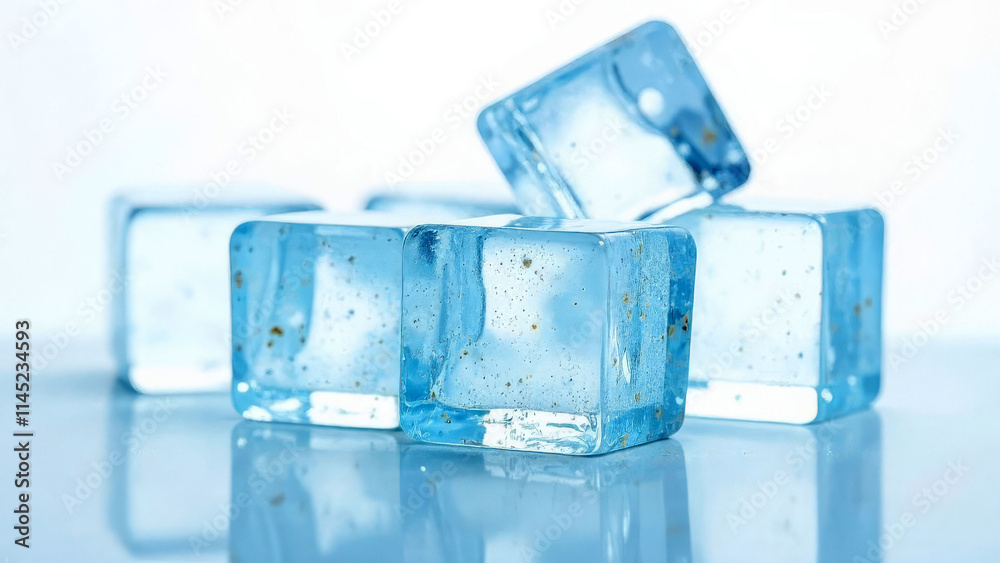 Close-up of transparent blue ice cubes on reflective surface Close-up of transparent blue ice cubes on reflective surface