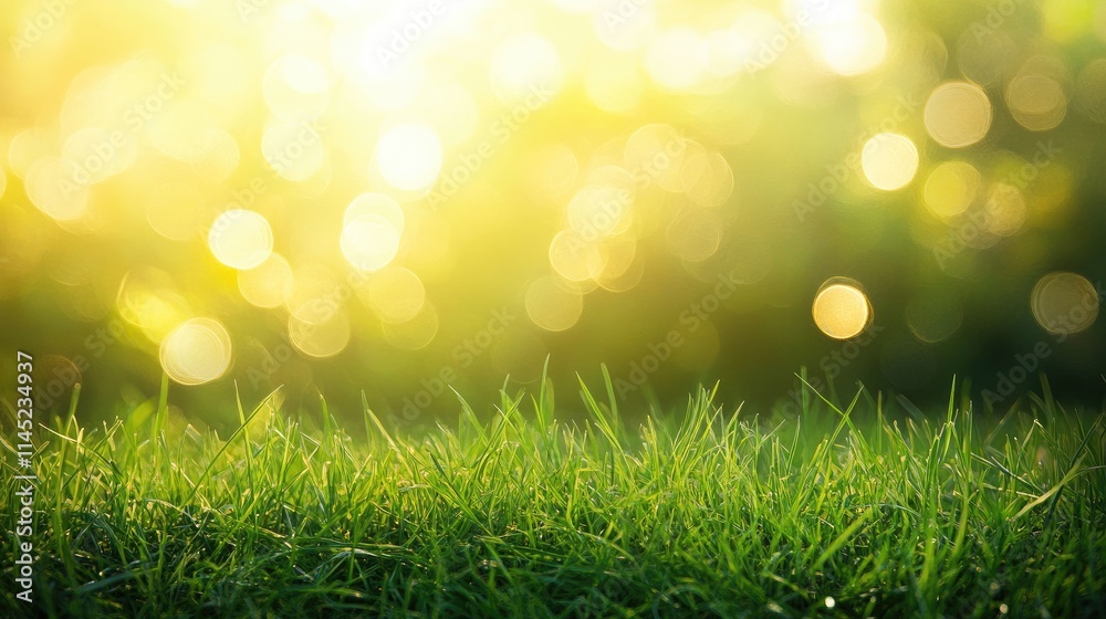 Obraz premium Lush Green Grass Under Soft Glow of Morning Light with Bokeh Effect