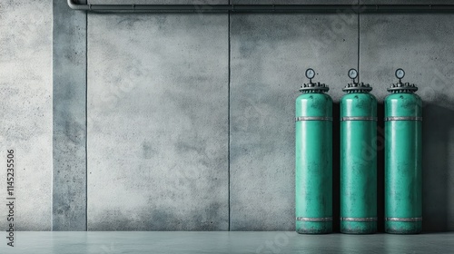 Industrial Green Gas Cylinders Against Concrete Wall Background