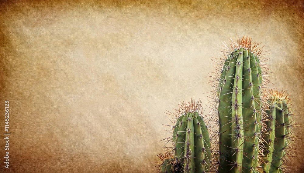 Green columnar cactus plants with spines are displayed against a warm vintage-style brown background. Green columnar cactus plants with spines are displayed against a warm vintage-style brown background.