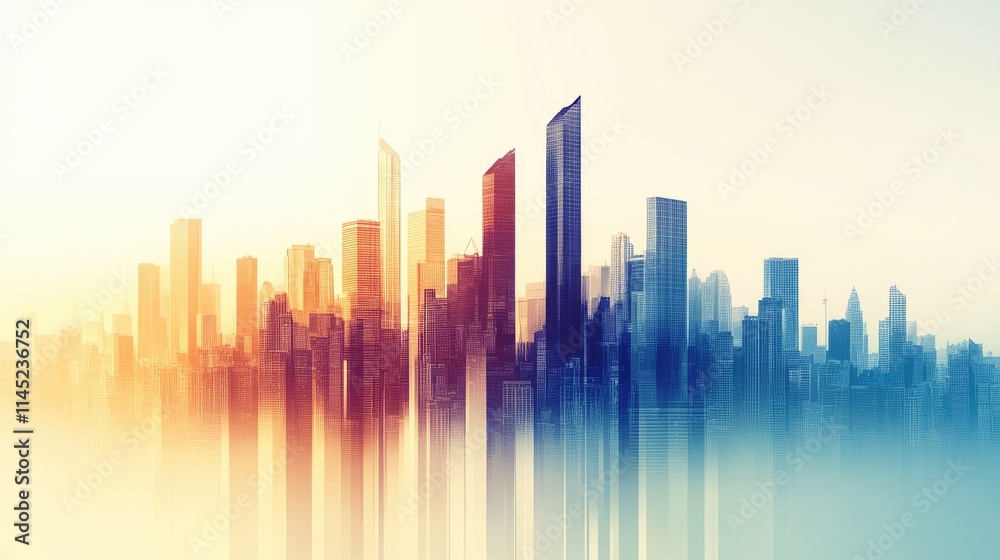 Urban Skyline at Dawn with Abstract Color Gradients and Reflections