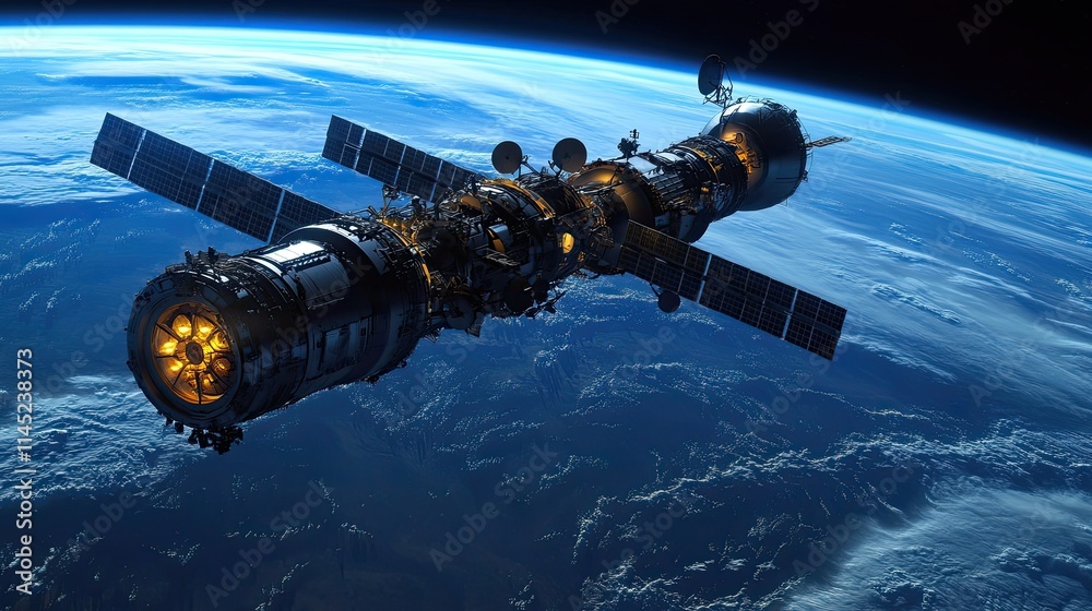 Fototapeta premium Detailed View of a Space Station Orbiting Earth at Twilight