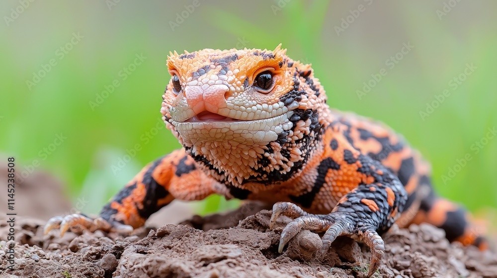Fototapeta premium Close-up of vibrant orange and black lizard on ground.