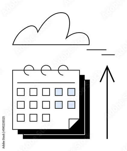 Cloud above a wall calendar with highlighted dates and upward arrow. Ideal for scheduling, planning events, task management, deadlines, cloud computing, productivity, growth. Line metaphor