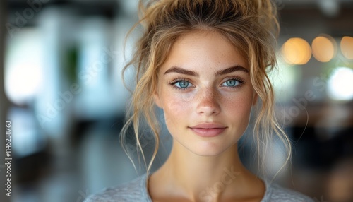 A young woman with blue eyes and tousled hair displays a calm expression in a bright space