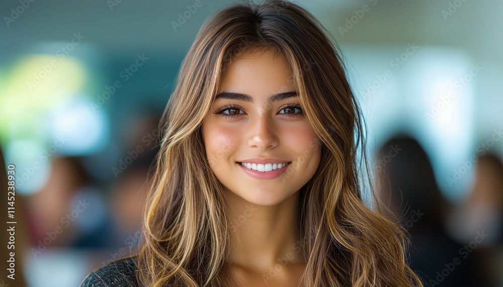Young woman with radiant smile stands in a lively indoor environment, engaging with others