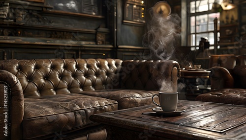 Classic Coffee Shop Scene with Tufted Leather Sofa