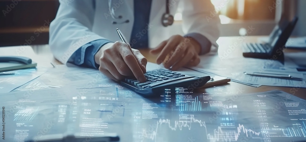 A healthcare professional using a calculator amidst financial documents. A healthcare professional using a calculator amidst financial documents.