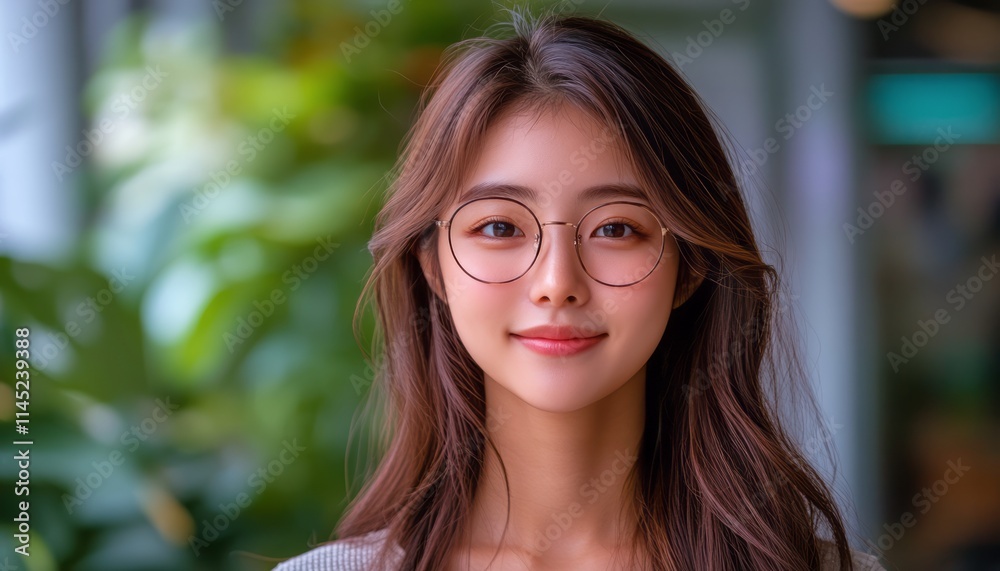 Brightly lit setting where a woman with glasses smiles, surrounded by greenery Brightly lit setting where a woman with glasses smiles, surrounded by greenery