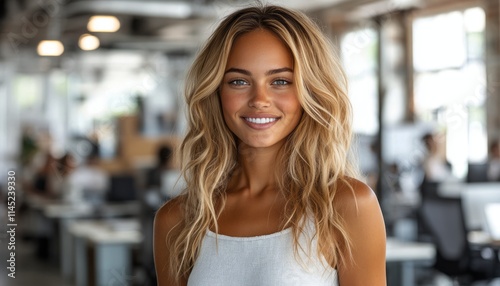 A cheerful young woman stands in a modern office, exuding confidence and warmth