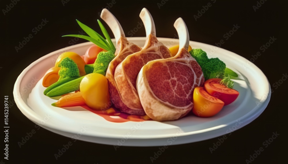Tender lamb chops accompanied by vibrant vegetables create an appetizing dish Tender lamb chops accompanied by vibrant vegetables create an appetizing dish