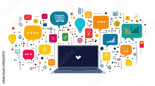 Wallpaper Mural A laptop surrounded by colorful icons representing communication and data analysis. Torontodigital.ca