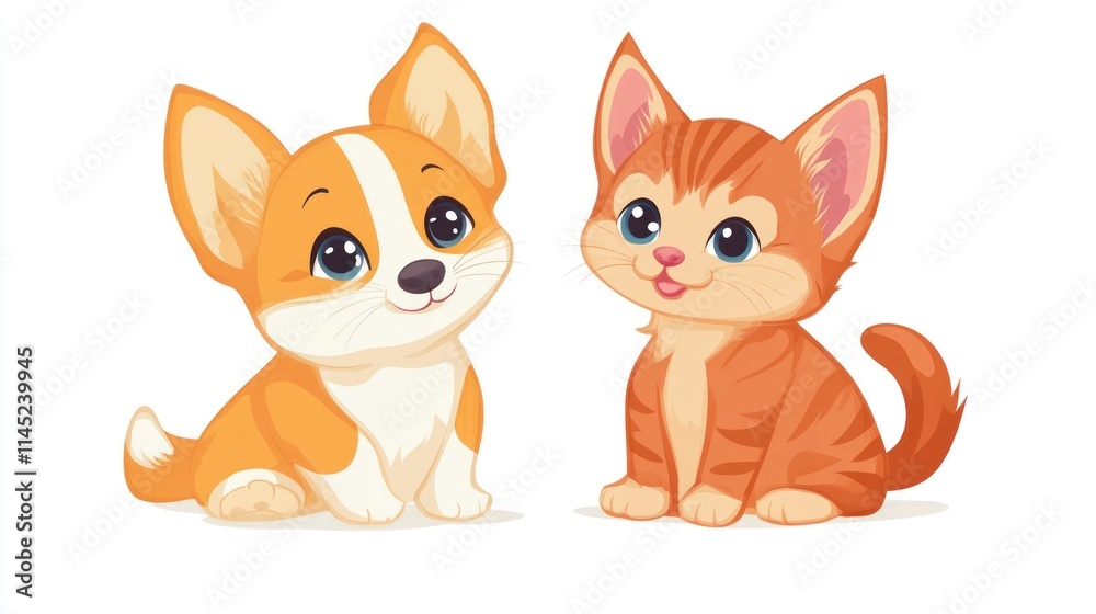Fototapeta premium A cute corgi puppy and an orange tabby kitten sitting together, showcasing friendship.