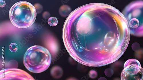 Colorful Soap Bubbles Floating in Dark Background with Reflections