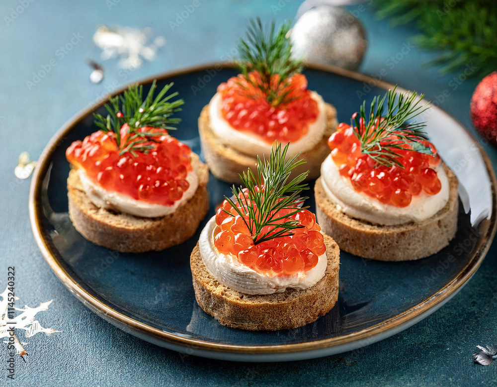 Toasted bread rounds are topped with cream cheese, bright red caviar, and fresh dill garnish served on a dark blue plate in the christmas decoration background Toasted bread rounds are topped with cream cheese, bright red caviar, and fresh dill garnish served on a dark blue plate in the christmas decoration background