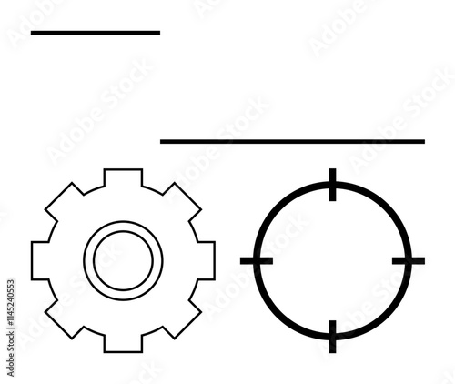 Gear and target crosshair combined with horizontal lines. Ideal for technology, engineering, manufacturing, automation, optimization precision design. Line metaphor. Line metaphor. Simple line icons